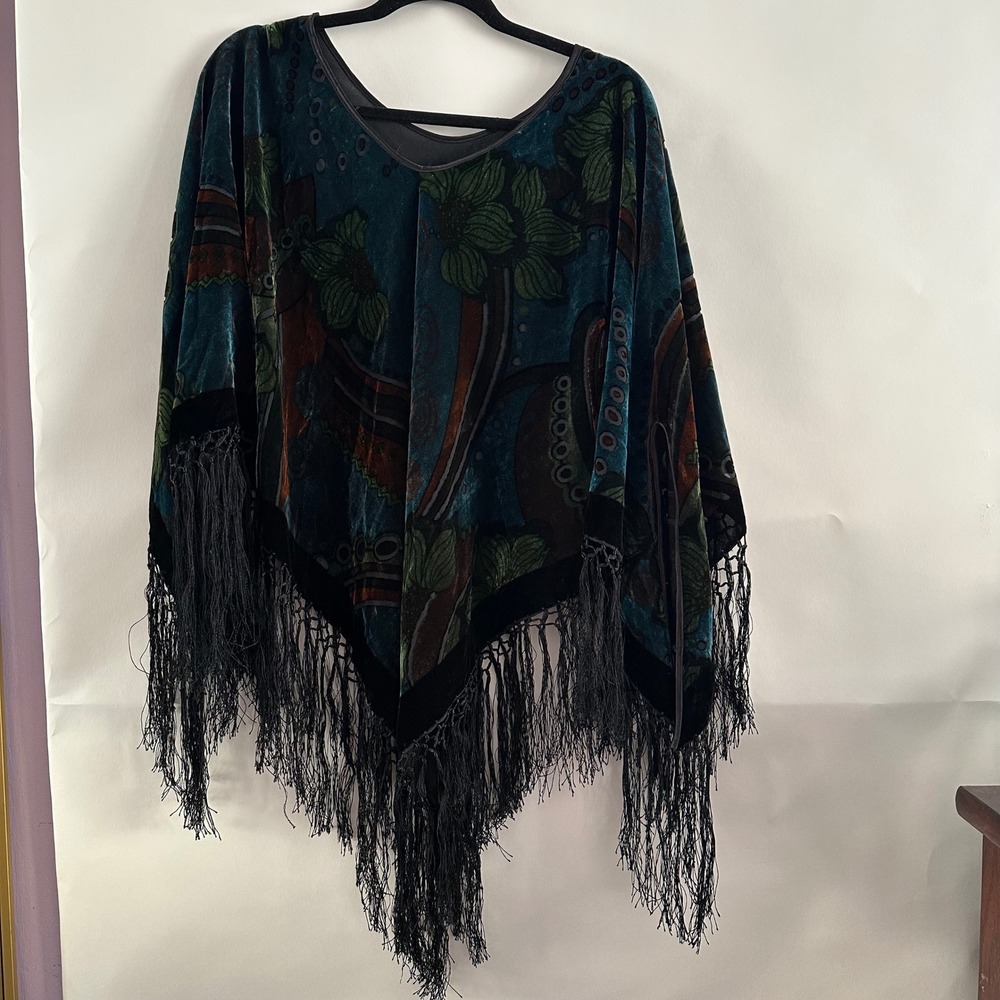 Vintage Boho Velvet Burnout Fringe Poncho Teal Floral Spiral Asymmetrical Shawl